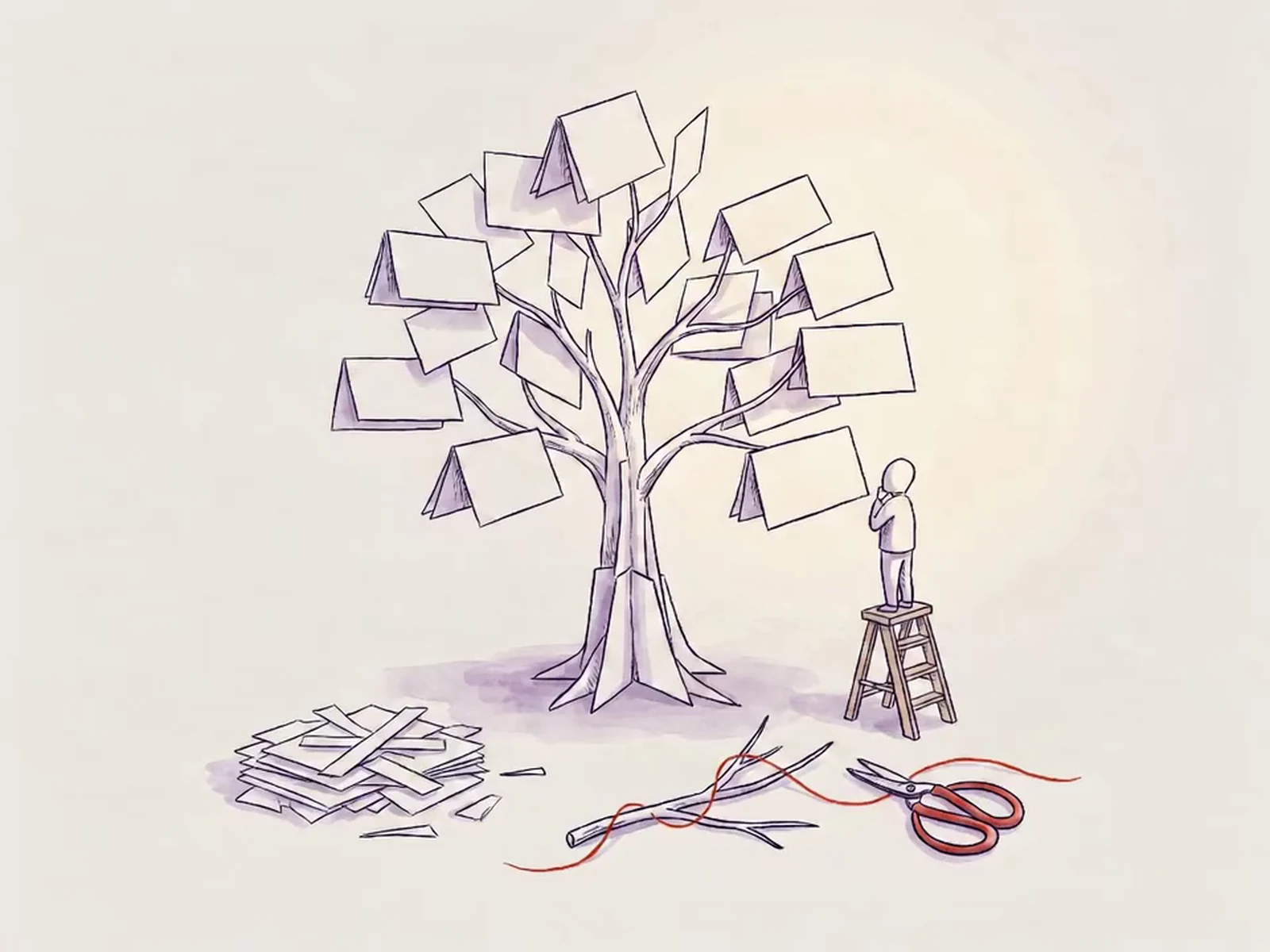 A maker studies a tree of blank paper cards, with one redundant branch carefully removed.