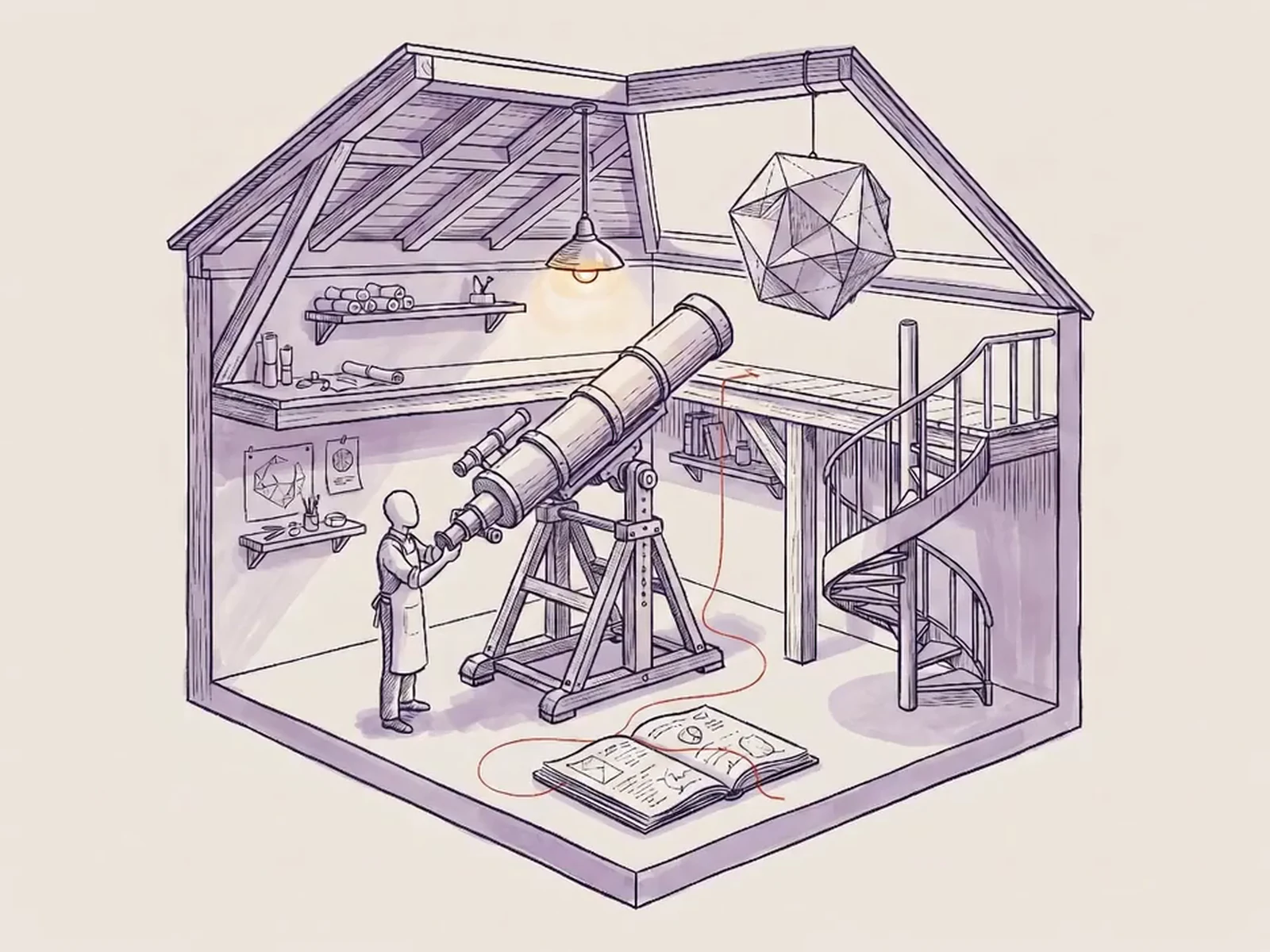 A telescope points toward a turning paper model beneath a warm lamp in an open observatory.